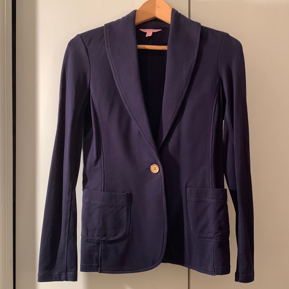 Lilly Pulitzer Mindy Shawl Cardigan Navy Cotton Stretch Blazer